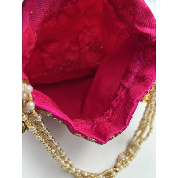 PINK Gold Clutch Silk Bag Boho Formal/POTLI /Purse Applique Beaded SEE ALL - Picture 13 of 16